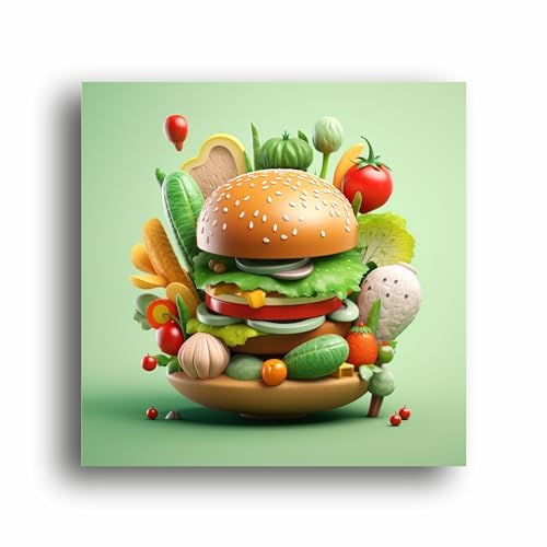 Veggie Delight: Overloaded Burger Illustration Canvas Print - Satisfy Cravings in Artistic Flavor! | Canvas Wrap Wooden Framed | Personalized Gift For Anniversary, Birthday, Home Décor