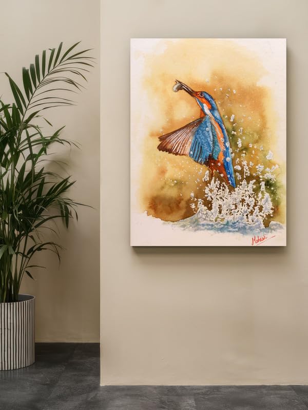 Art to Doors | Kingfisher Coming Out Of Water | Artist Mahesh Shawrikar | Rectangle | Art Print | Home Decor | Wall Decor | Gift Items | Canvas Frame