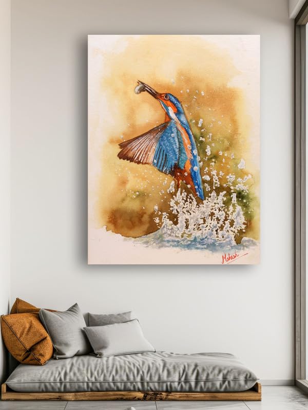 Art to Doors | Kingfisher Coming Out Of Water | Artist Mahesh Shawrikar | Rectangle | Art Print | Home Decor | Wall Decor | Gift Items | Canvas Frame
