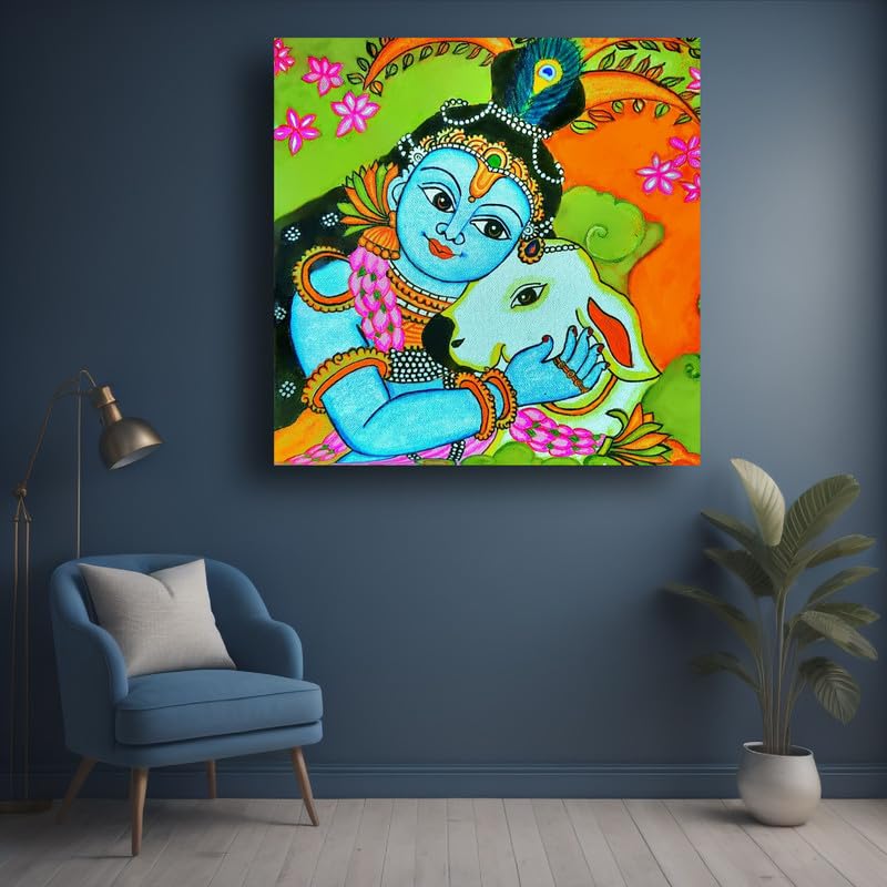 Art to Doors| Eternal Grace – Hand-Painted Kerala Mural Of Baby Krishna & Cow | Artist Srilatha S | Square | Art Print | Home Decor | Wall Decor | Gift Items | Canvas Frame