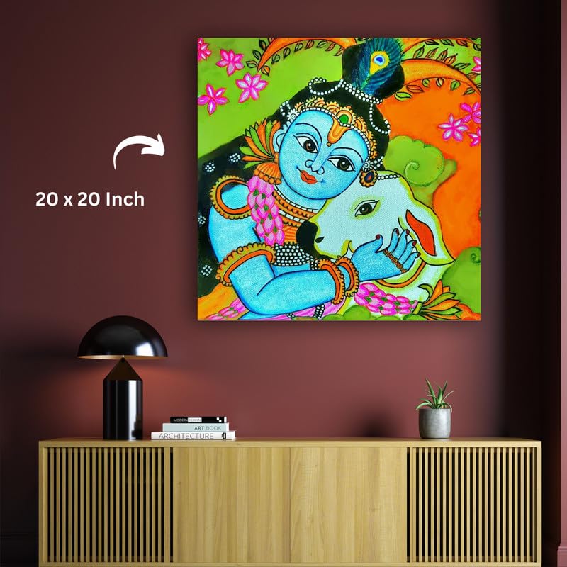 Art to Doors| Eternal Grace – Hand-Painted Kerala Mural Of Baby Krishna & Cow | Artist Srilatha S | Square | Art Print | Home Decor | Wall Decor | Gift Items | Canvas Frame