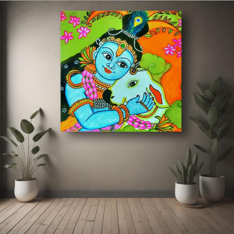 Art to Doors| Eternal Grace – Hand-Painted Kerala Mural Of Baby Krishna & Cow | Artist Srilatha S | Square | Art Print | Home Decor | Wall Decor | Gift Items | Canvas Frame