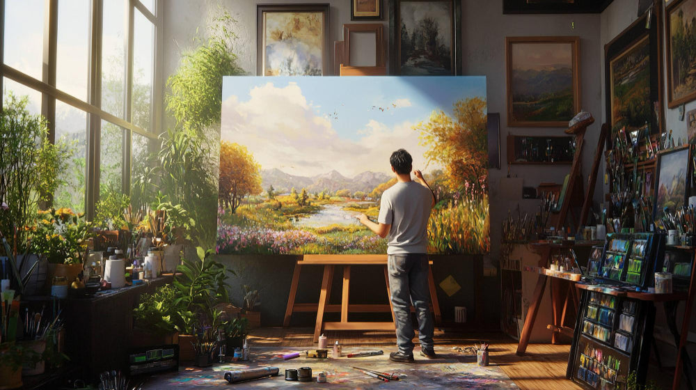 Use a large scale of canvas painting for a bold point wall.