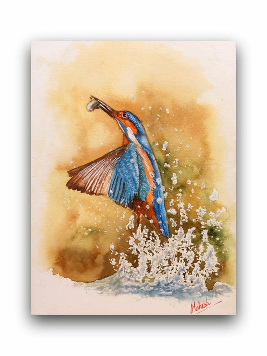 Art to Doors | Kingfisher Coming Out Of Water | Artist Mahesh Shawrikar | Rectangle | Art Print | Home Decor | Wall Decor | Gift Items | Canvas Frame