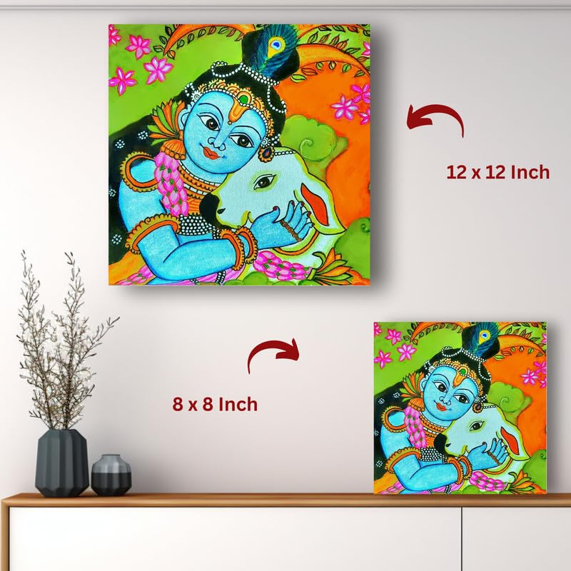Art to Doors| Eternal Grace – Hand-Painted Kerala Mural Of Baby Krishna & Cow | Artist Srilatha S | Square | Art Print | Home Decor | Wall Decor | Gift Items | Canvas Frame
