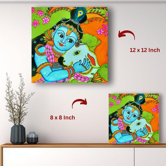 Art to Doors| Eternal Grace – Hand-Painted Kerala Mural Of Baby Krishna & Cow | Artist Srilatha S | Square | Art Print | Home Decor | Wall Decor | Gift Items | Canvas Frame