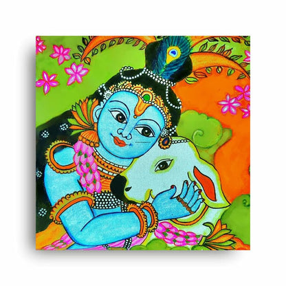 Art to Doors| Eternal Grace – Hand-Painted Kerala Mural Of Baby Krishna & Cow | Artist Srilatha S | Square | Art Print | Home Decor | Wall Decor | Gift Items | Canvas Frame